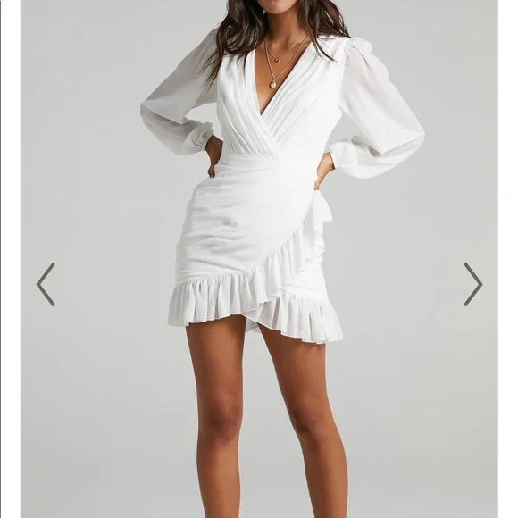 PLUNGE BALLOON SLEEVE MINI DRESS IN WHITE - Picture 1 of 9